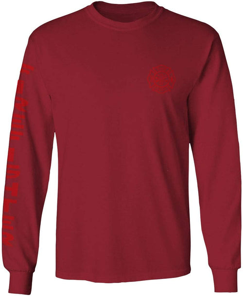0121. America Patriotic Firefighter Support Seal Thin Red Line Fonts Fireman Long Sleeve Men's - Maroon