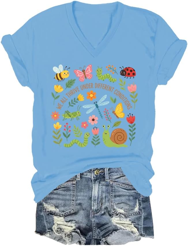 We All Thrive Under Different Conditions Shirt Autism Awareness Shirts for Women Man Neurodiversity V Neck Tshirt - Sky Blue