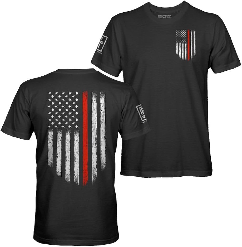 Fantastic Tees American Patriotic USA Flag Men's T-Shirt - Red Line -Black Shirt