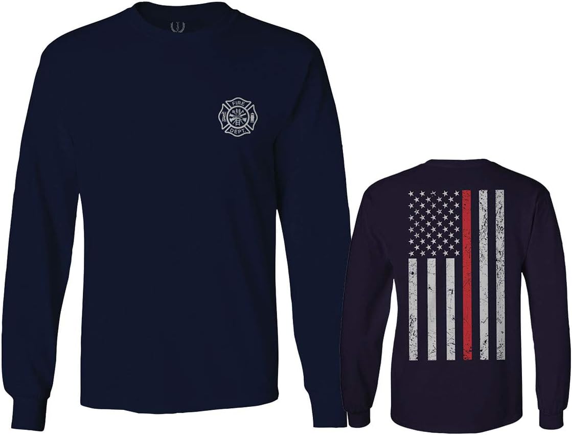 0058. American Flag Thin Red Line Firefighter Support Seal Long Sleeve Men's - Navy Blue