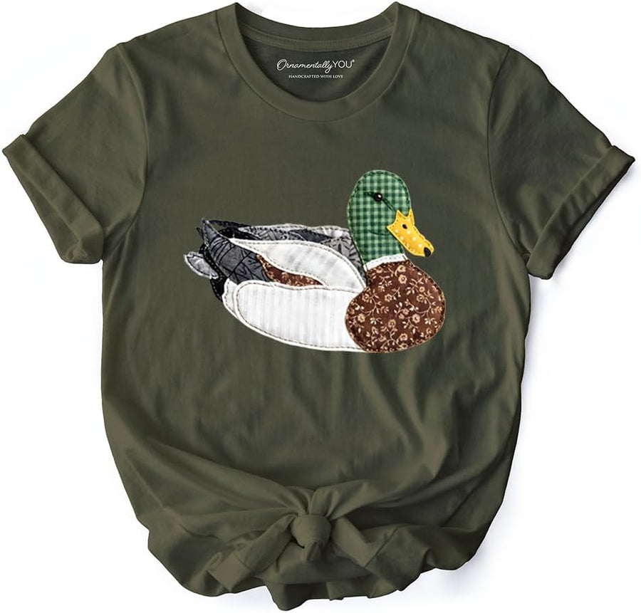 Mallard Duck Printed Faux Patchwork T-Shirt, Hunting Outdoors Tee - Military Green