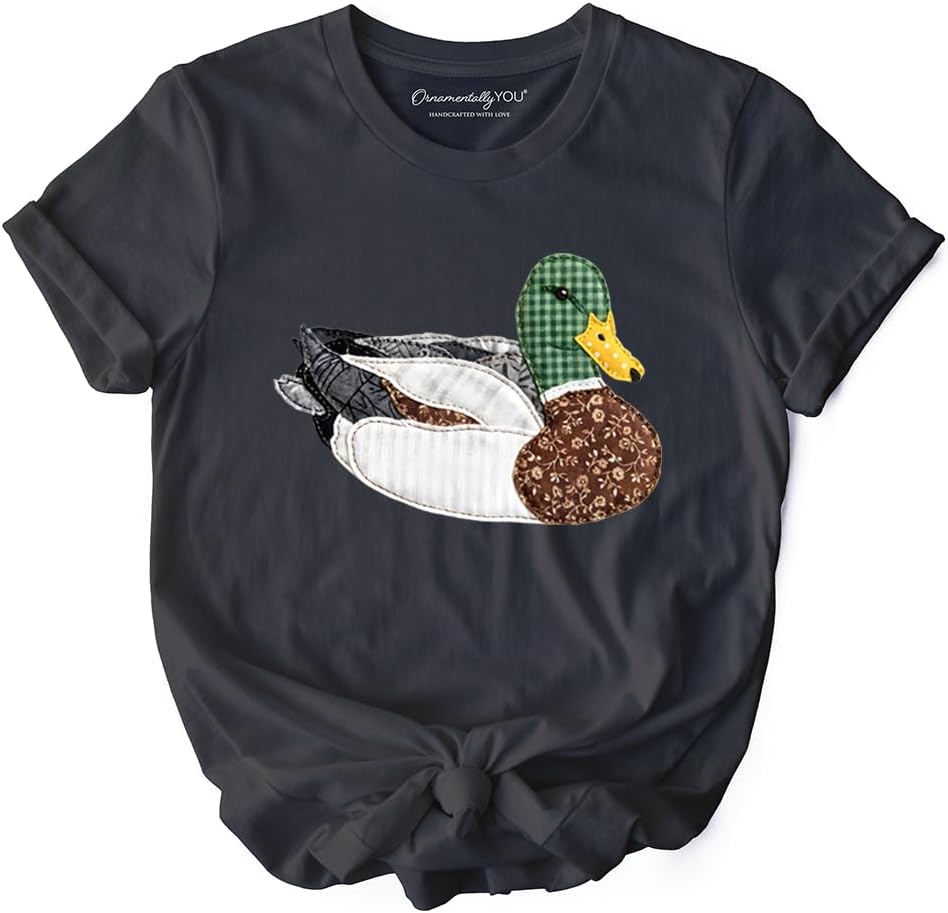Mallard Duck Printed Faux Patchwork T-Shirt, Hunting Outdoors Tee - Dark Gray