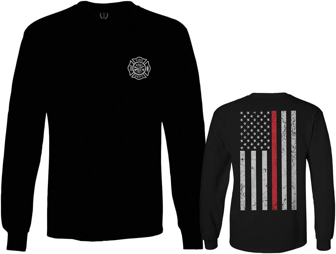 0058. American Flag Thin Red Line Firefighter Support Seal Long Sleeve Men's - Black