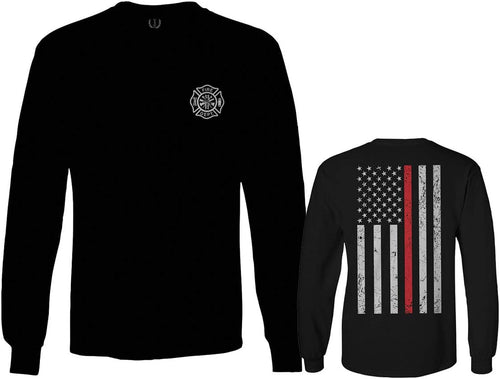 0058. American Flag Thin Red Line Firefighter Support Seal Long Sleeve Men's - Black