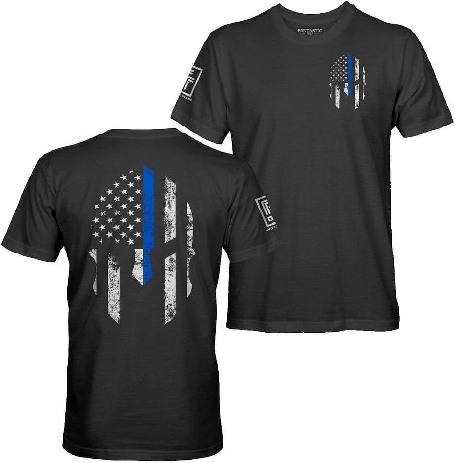 American USA Flag Patriotic Spartan Men's T-Shirt - Blue Line - Black Shirt