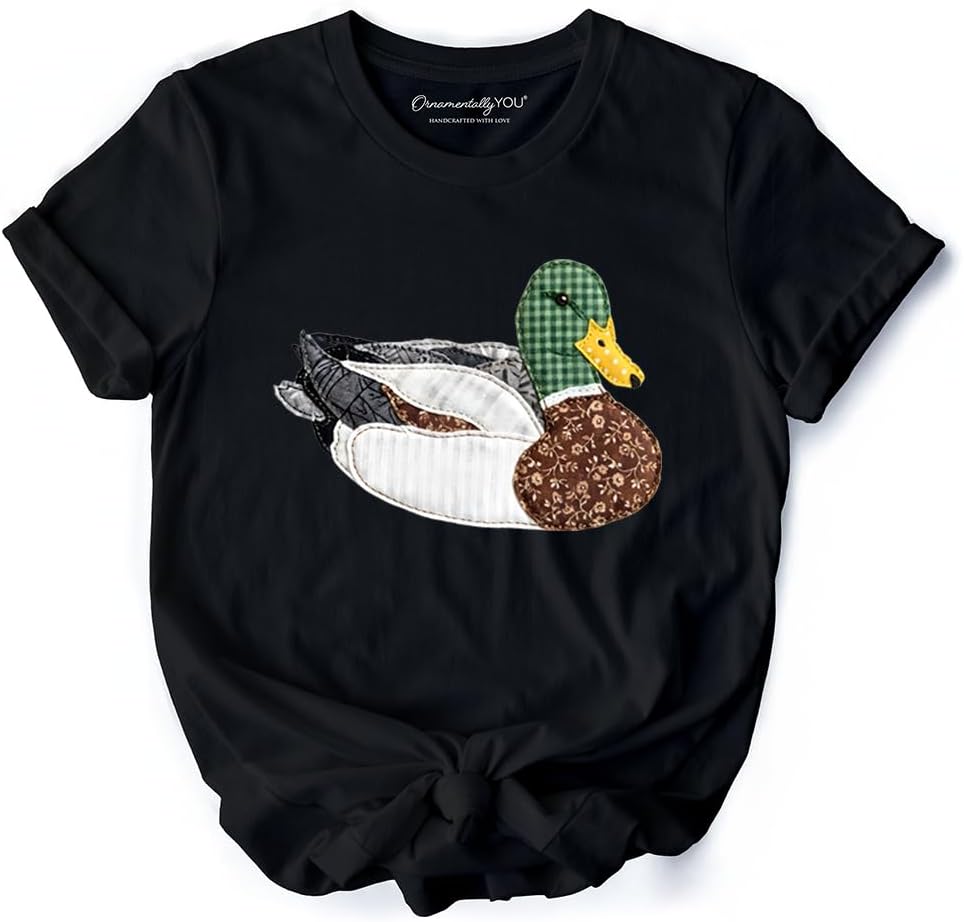 Mallard Duck Printed Faux Patchwork T-Shirt, Hunting Outdoors Tee - Black