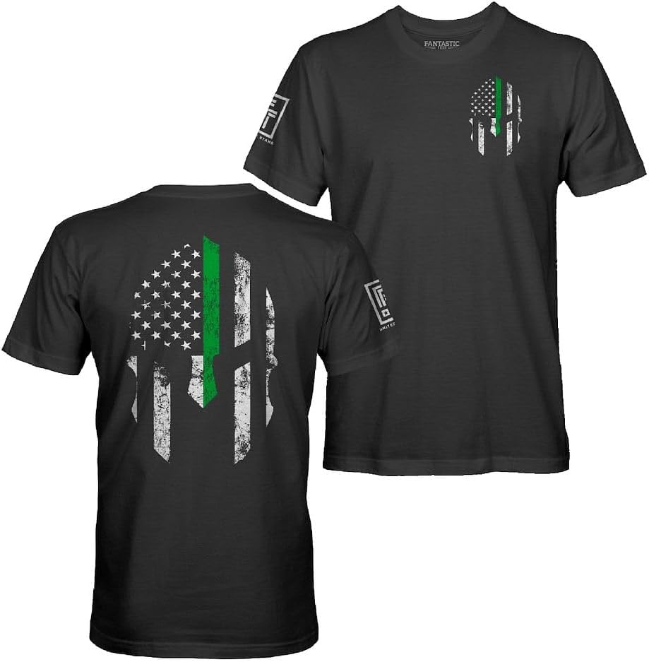 American USA Flag Patriotic Spartan Men's T-Shirt - Green Line - Black Shirt
