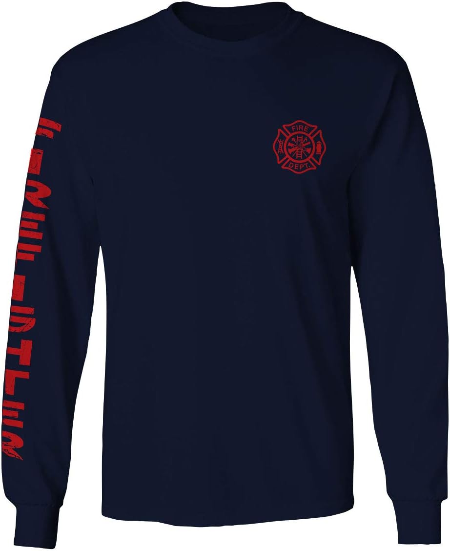 0121. America Patriotic Firefighter Support Seal Thin Red Line Fonts Fireman Long Sleeve Men's - Navy Blue