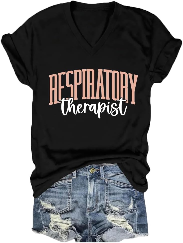 Respiratory Therapist Shirts Women's Letter Print Short Sleeve Tees Casual V-Neck Respiratory Therapy T-Shirt - Black