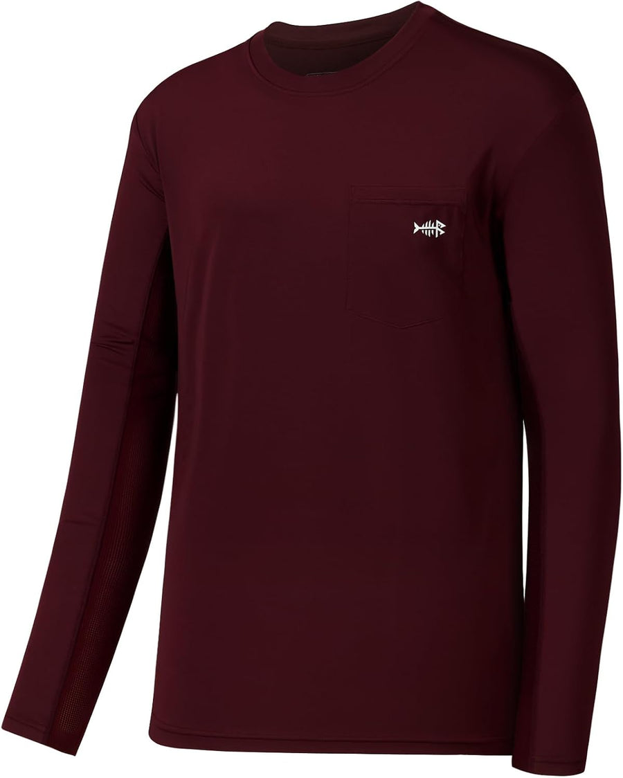BASSDASH Men’s UPF 50+ Performance Long Sleeve T-Shirt UV Sun Protection Fishing Hiking Sports Shirts - Burgundy\/White Logo