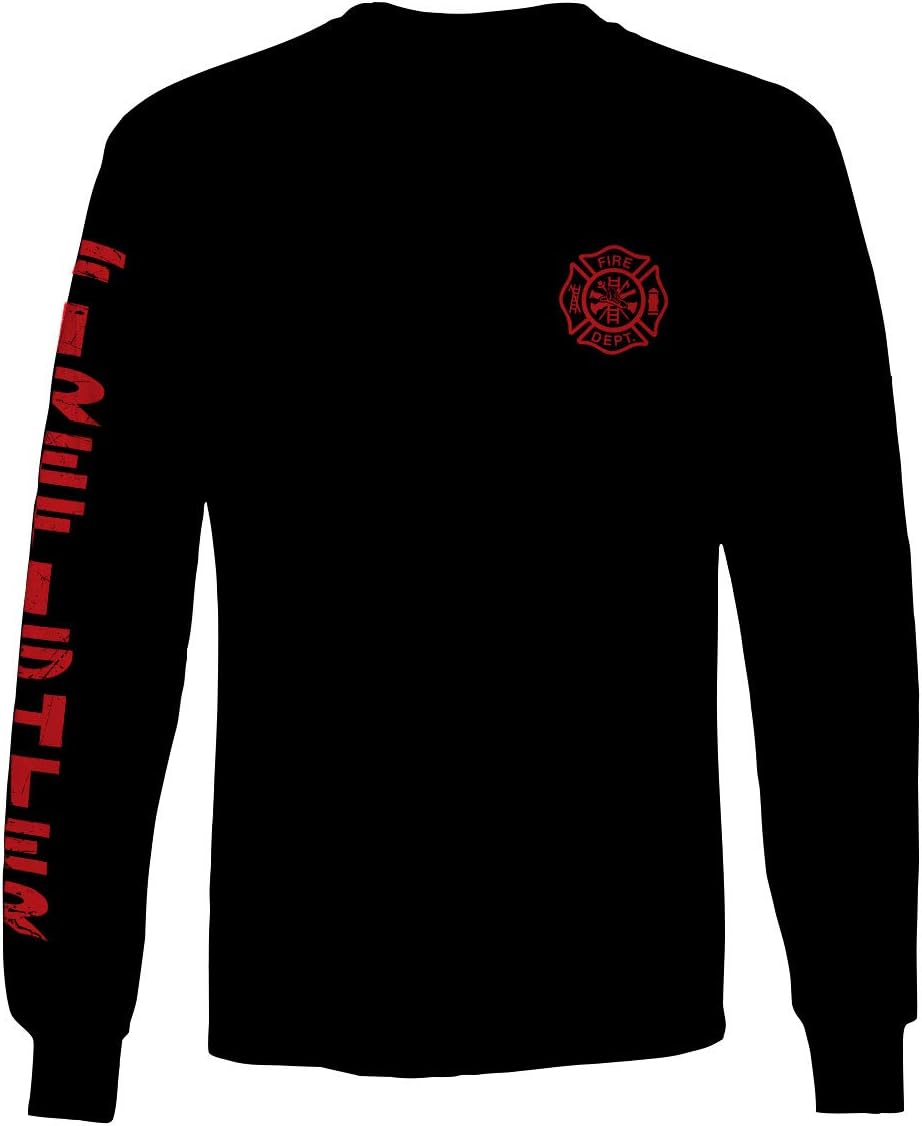 0121. America Patriotic Firefighter Support Seal Thin Red Line Fonts Fireman Long Sleeve Men's - Black