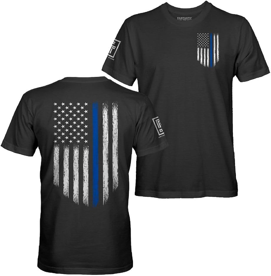 Fantastic Tees American Patriotic USA Flag Men's T-Shirt - Blue Line - Black Shirt