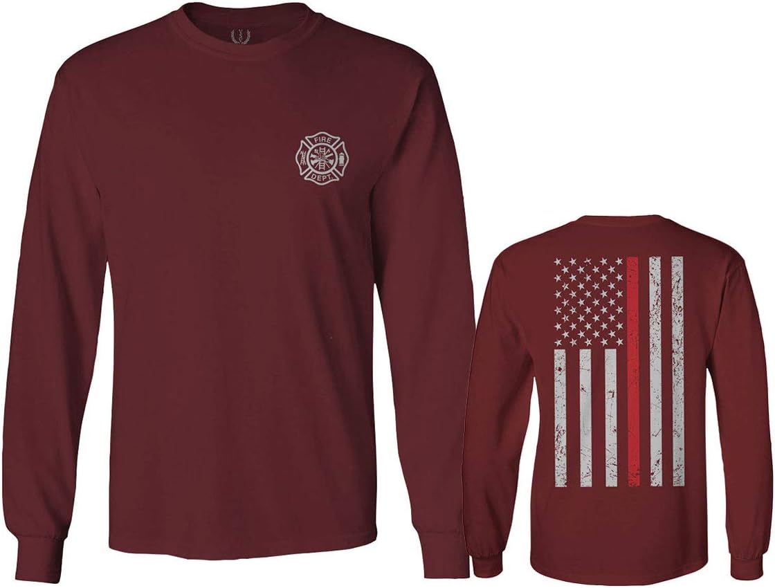 0058. American Flag Thin Red Line Firefighter Support Seal Long Sleeve Men's - Maroon