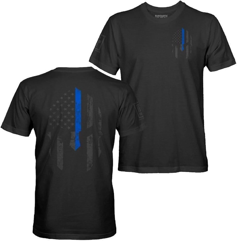 American USA Flag Patriotic Spartan Men's T-Shirt - Black - Blue Line