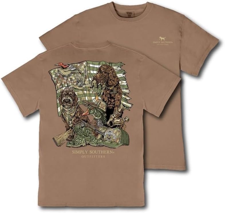 Simply Southern Ready for Duck Hunting Season - Dogs - American Flag - Adult T-Shirt - Adult Mineral Wash - Raw Hide