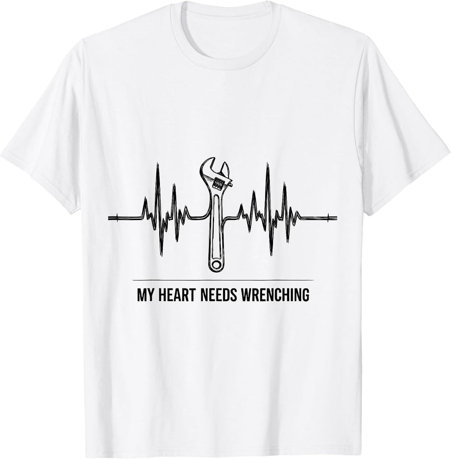 Men's My Heart Needs Wrenching Funny Car Guy Auto Mechanic T-Shirt - White