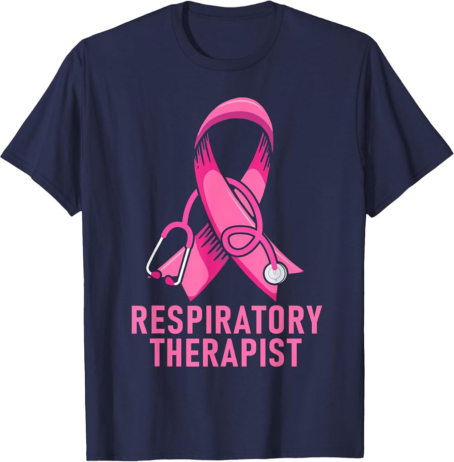 Respiratory Therapist Stethoscope Pink RT Life Breast Cancer T-Shirt - Navy Blue