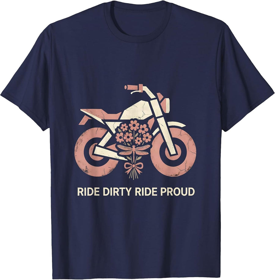 Ride Dirty Ride Proud Motorcycle Design T-Shirt - Navy Blue