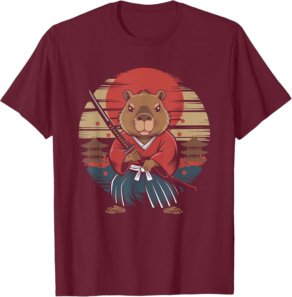 Japanese Samurai Capybara T-Shirt - Burgundy