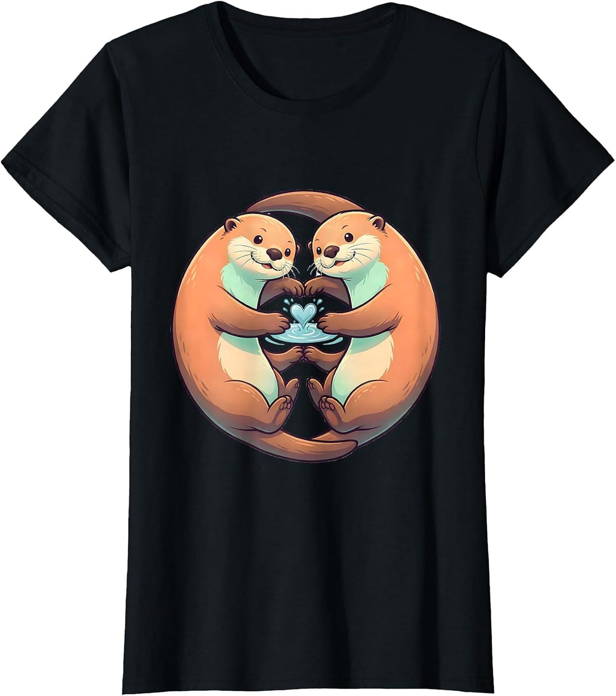 Women's Rounded Sea Otters Cute Kawaii Couple Valentine T-Shirt - Black