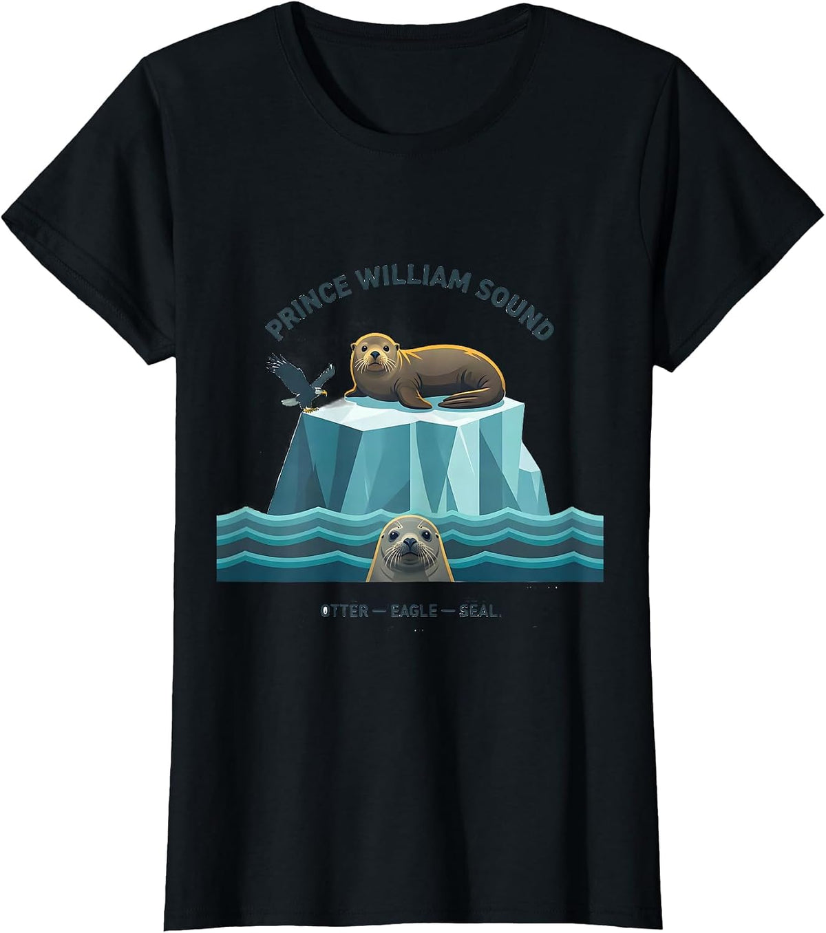 Women's Prince William Sound Otter Eagle Seal Alaska Souvenir T-Shirt - Black