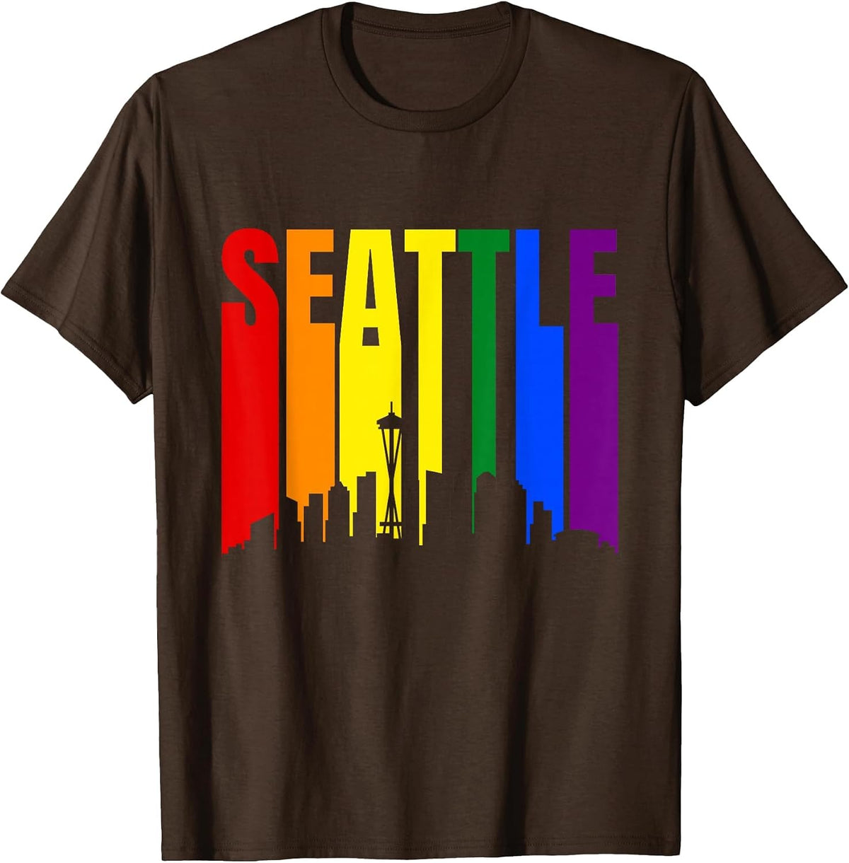 Seattle Washington State Skyline LGBTQ Gay Pride Rainbow T-Shirt - Brown
