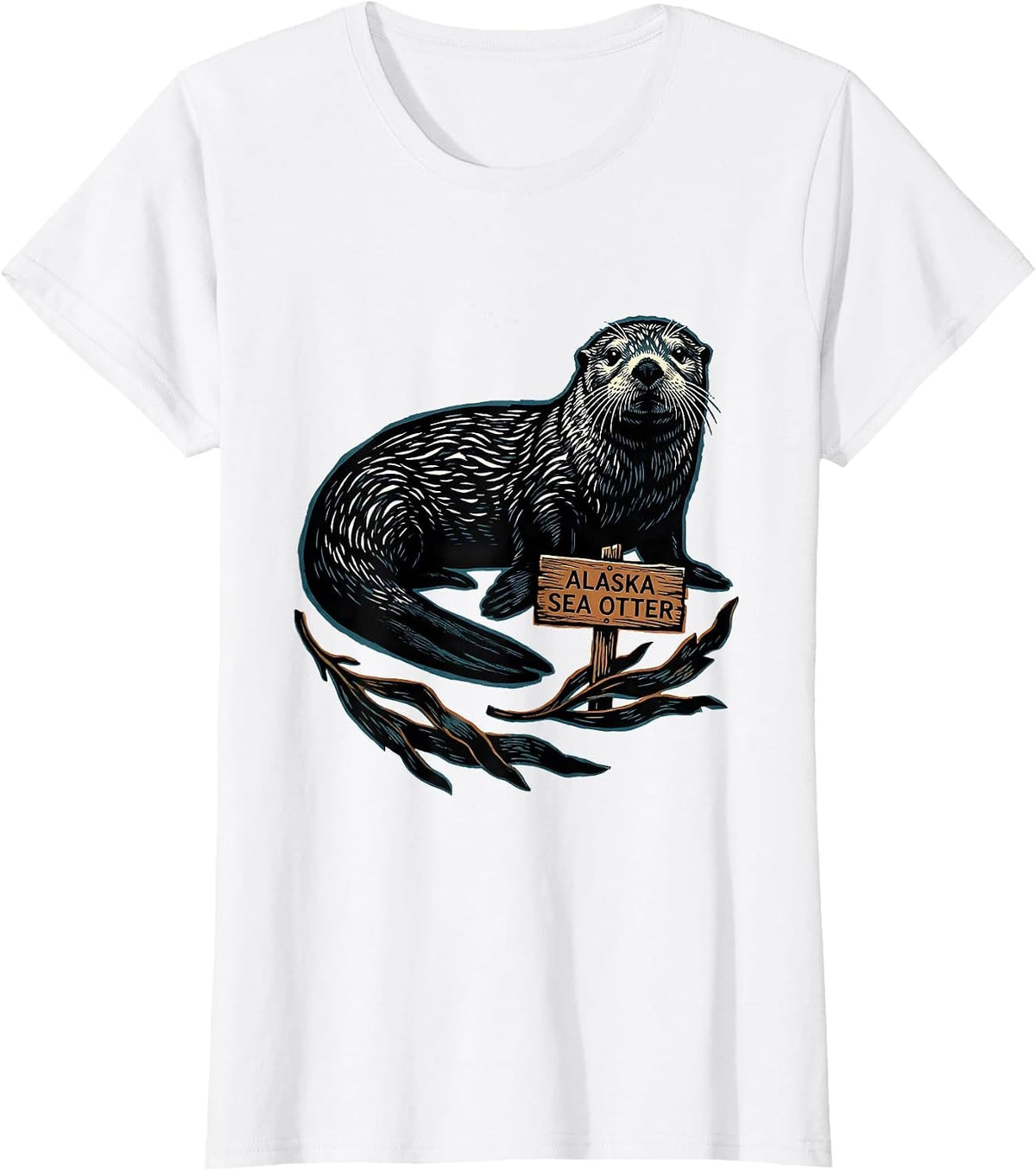 Women's Alaska Sea Otter Linocut Vintage State Pride Wildlife T-Shirt - White