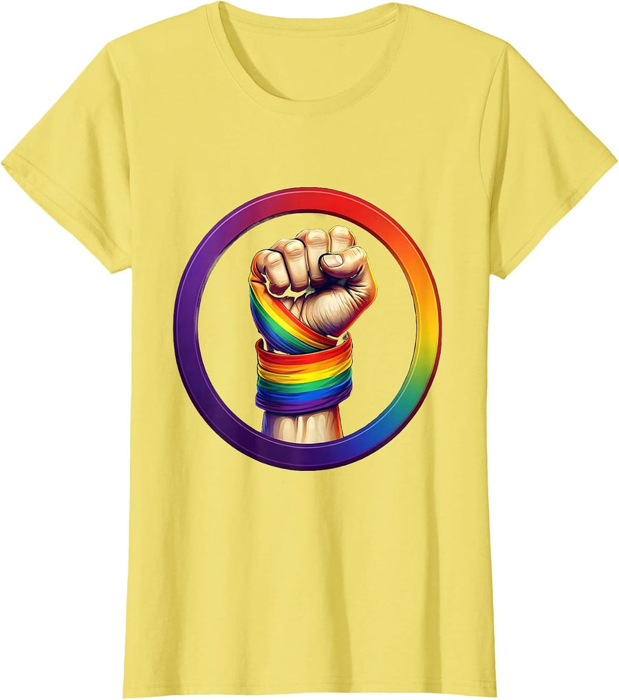 Women's Rainbow Fist Raised Pride Graphic Design T-Shirt - Lemon Yellow