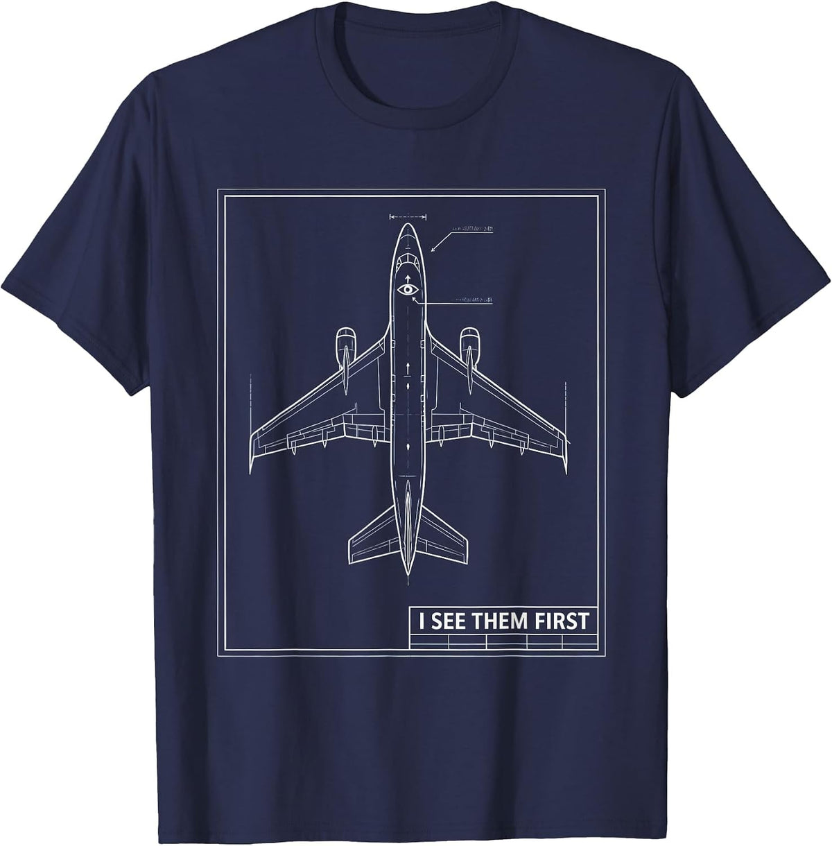 I See Them First Technical Blueprint Aviation Veteran Pride T-Shirt - Navy Blue