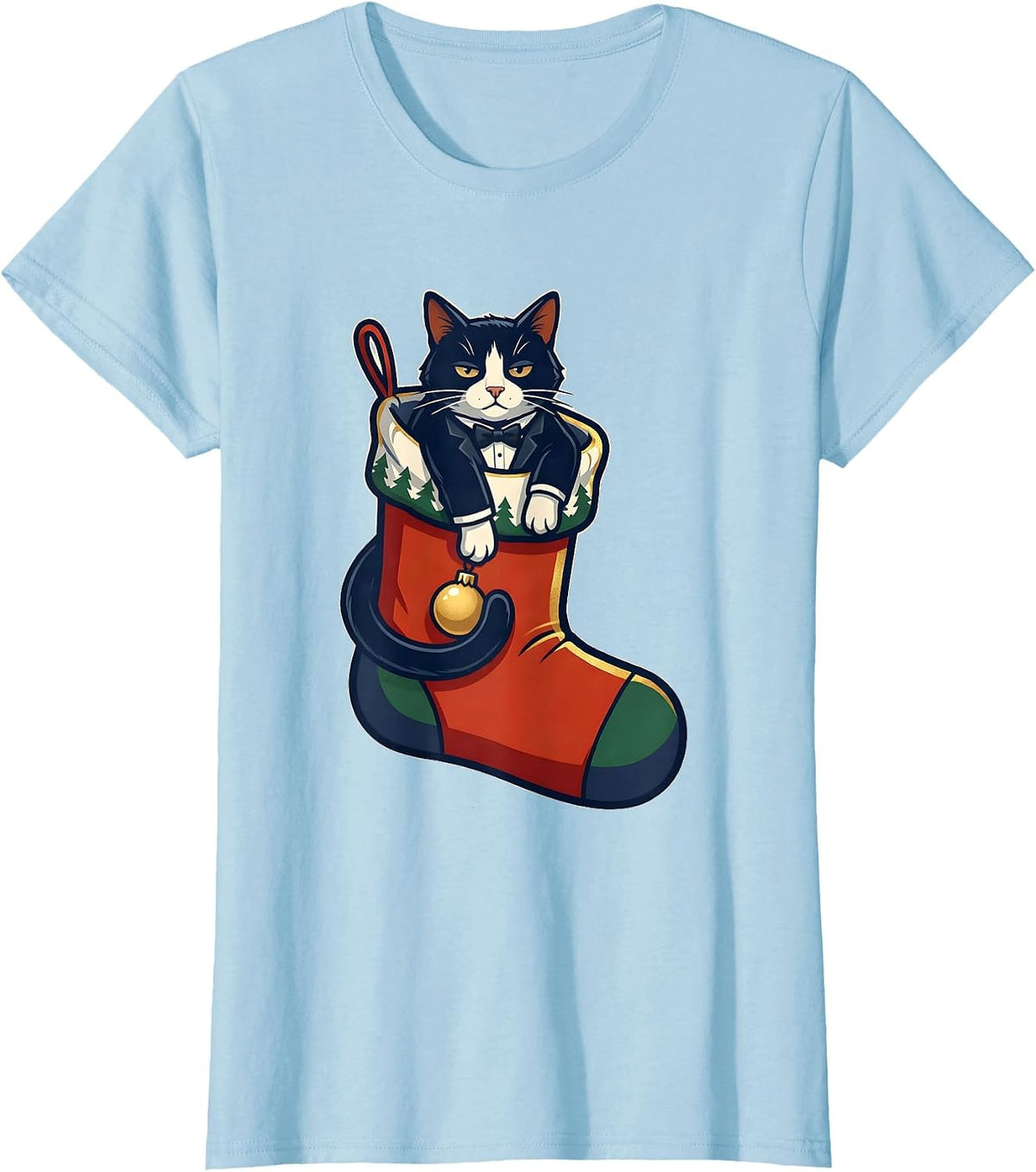 Women's Deadpan Tuxedo Cat Oversized Christmas Stocking Holiday T-Shirt - Baby Blue