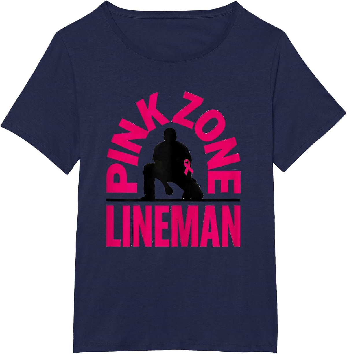 Women's Pink Zone Lineman Breast Cancer Awareness Football Pink Out T-Shirt - Navy Blue