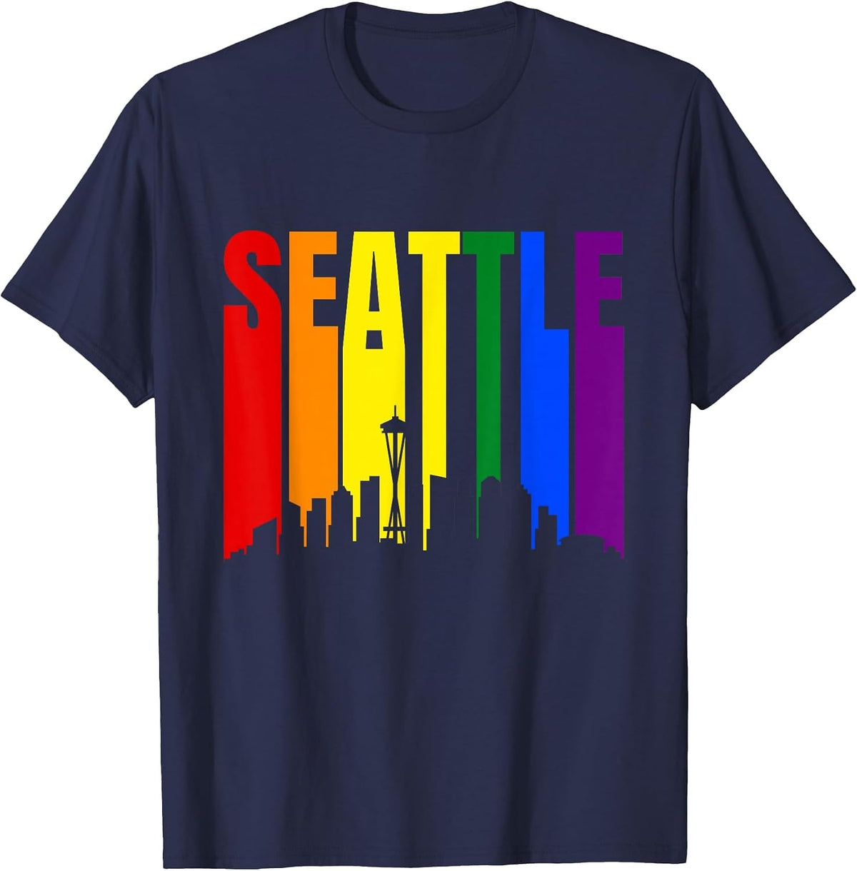 Seattle Washington State Skyline LGBTQ Gay Pride Rainbow T-Shirt - Navy Blue