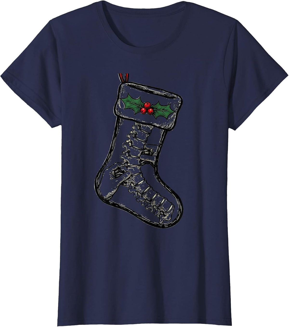 Women's Chiropractor Spine Christmas Stocking Holiday Humor T-Shirt - Navy Blue