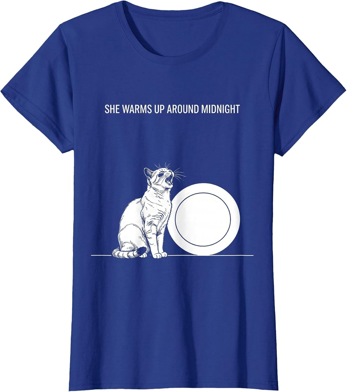 Women's She Warms Up Around Midnight Line Art Cat Howling at Moon T-Shirt - Royal Blue