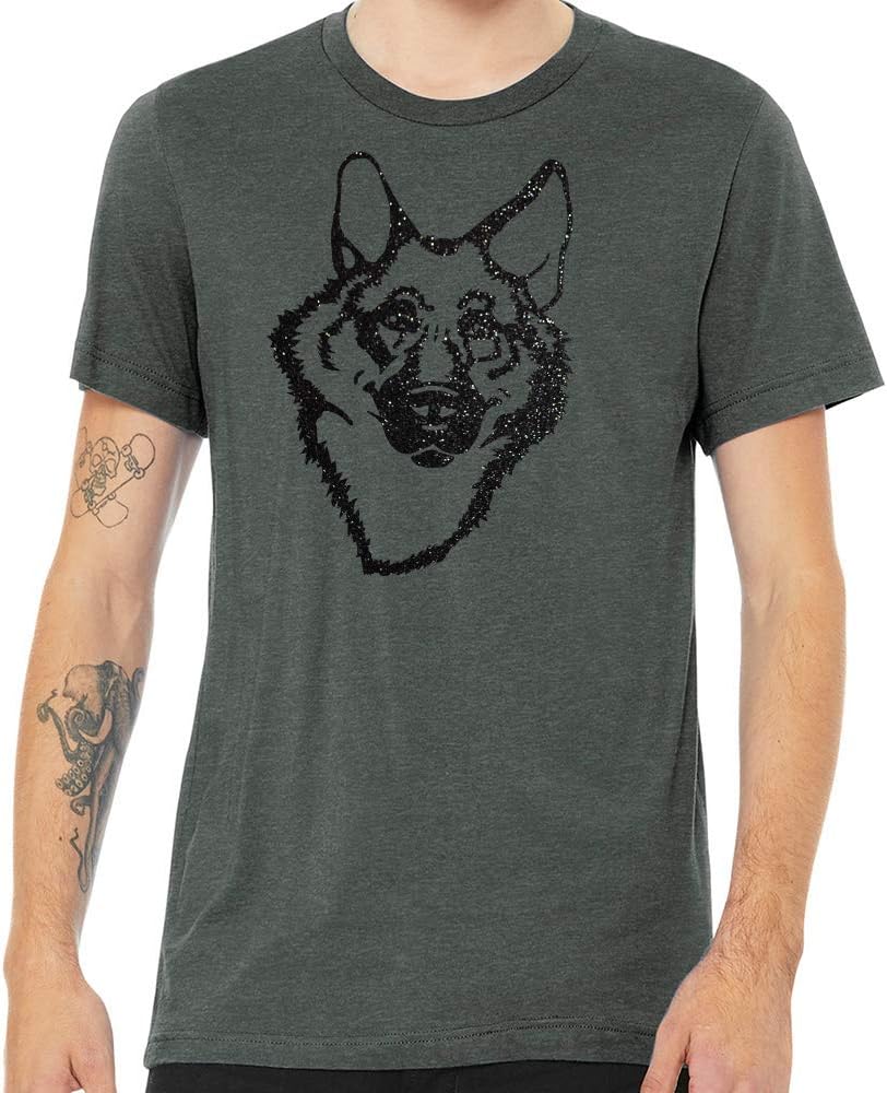 Dogline Unisex German Shepherd Dog Lovers Glitter Graphic Tee Shirt - Deep Heather