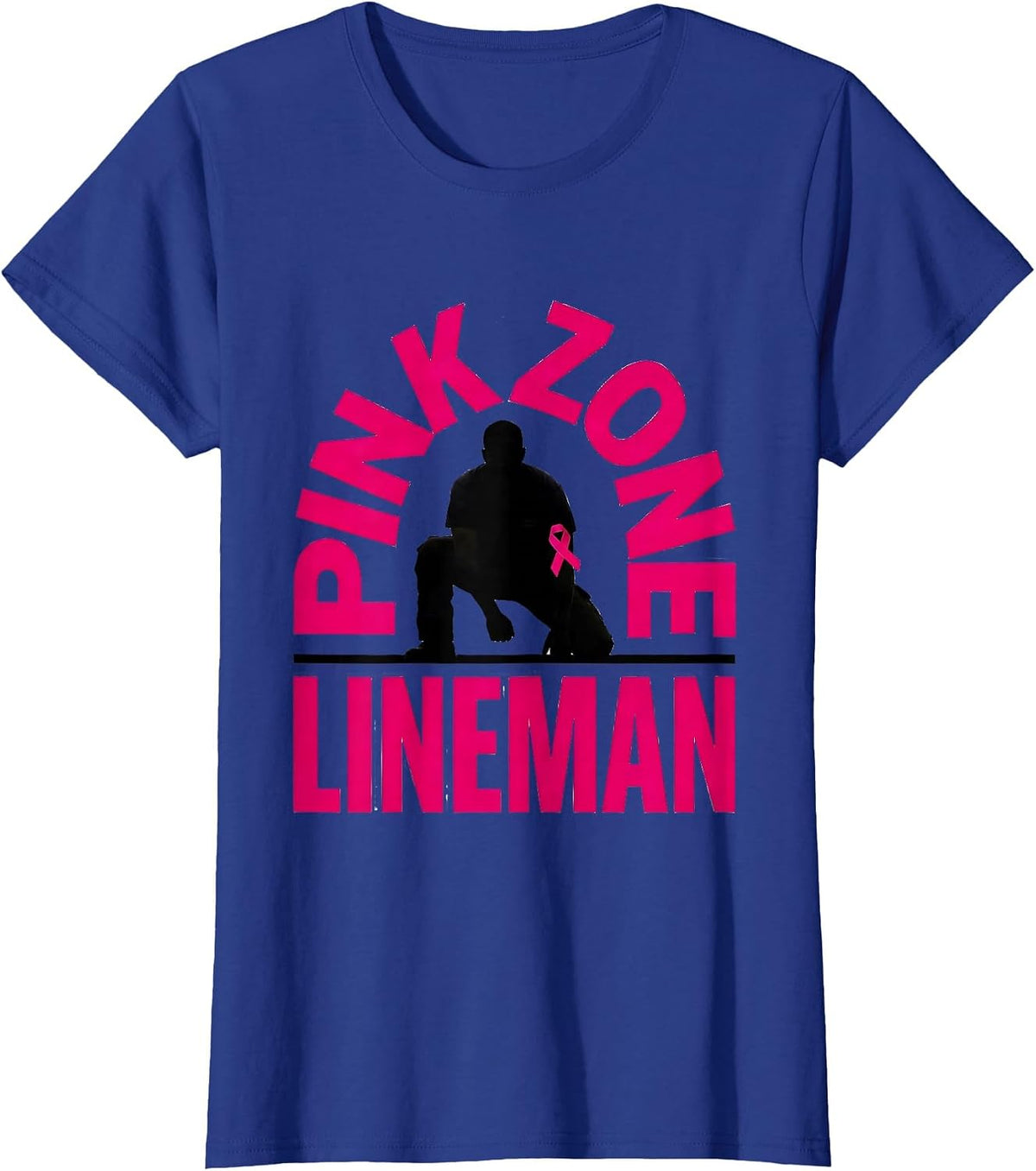 Women's Pink Zone Lineman Breast Cancer Awareness Football Pink Out T-Shirt - Royal Blue