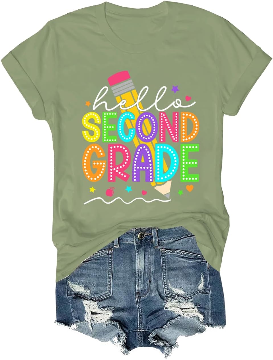 Hello Second Grade Shirt Funny Back to School Teacher T-Shirt - Crewneck Green