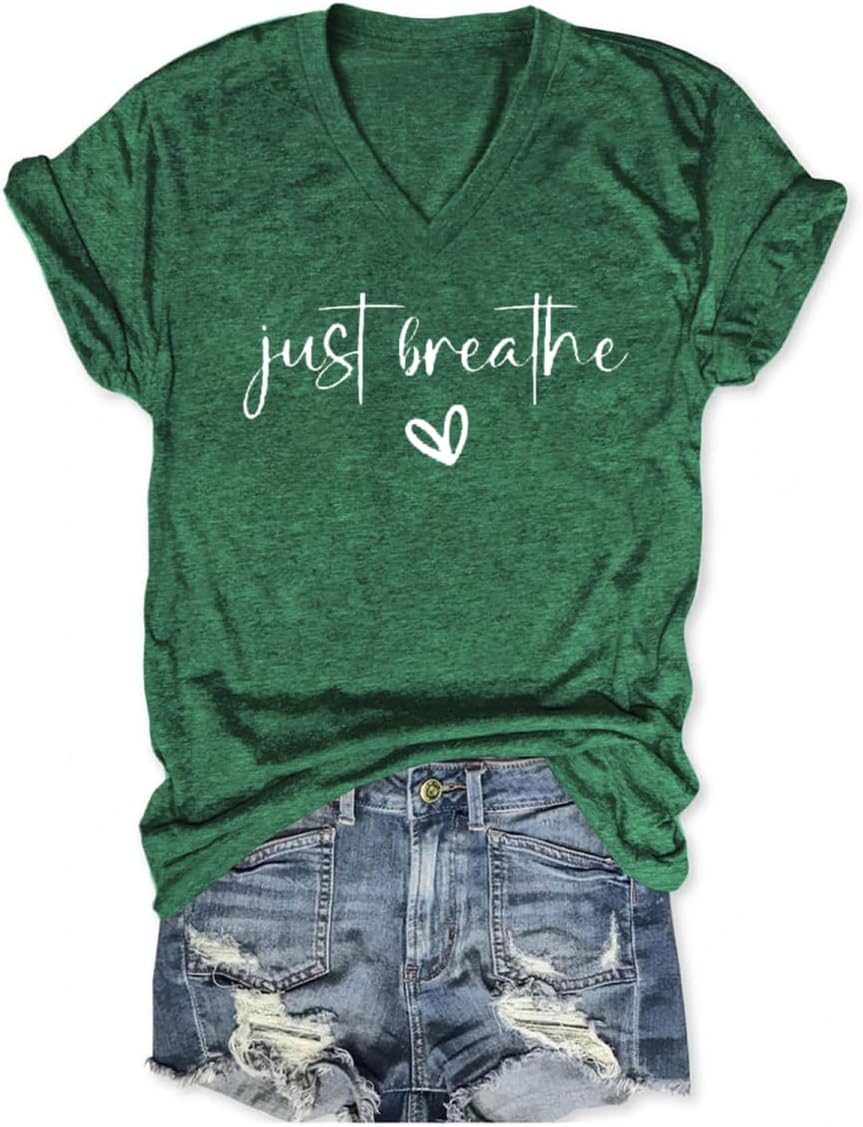 Just Breathe T Shirts for Women Mental Health Awareness V Neck Graphic Tshirts Inspirational Short Sleeve Tee Tops - Dark