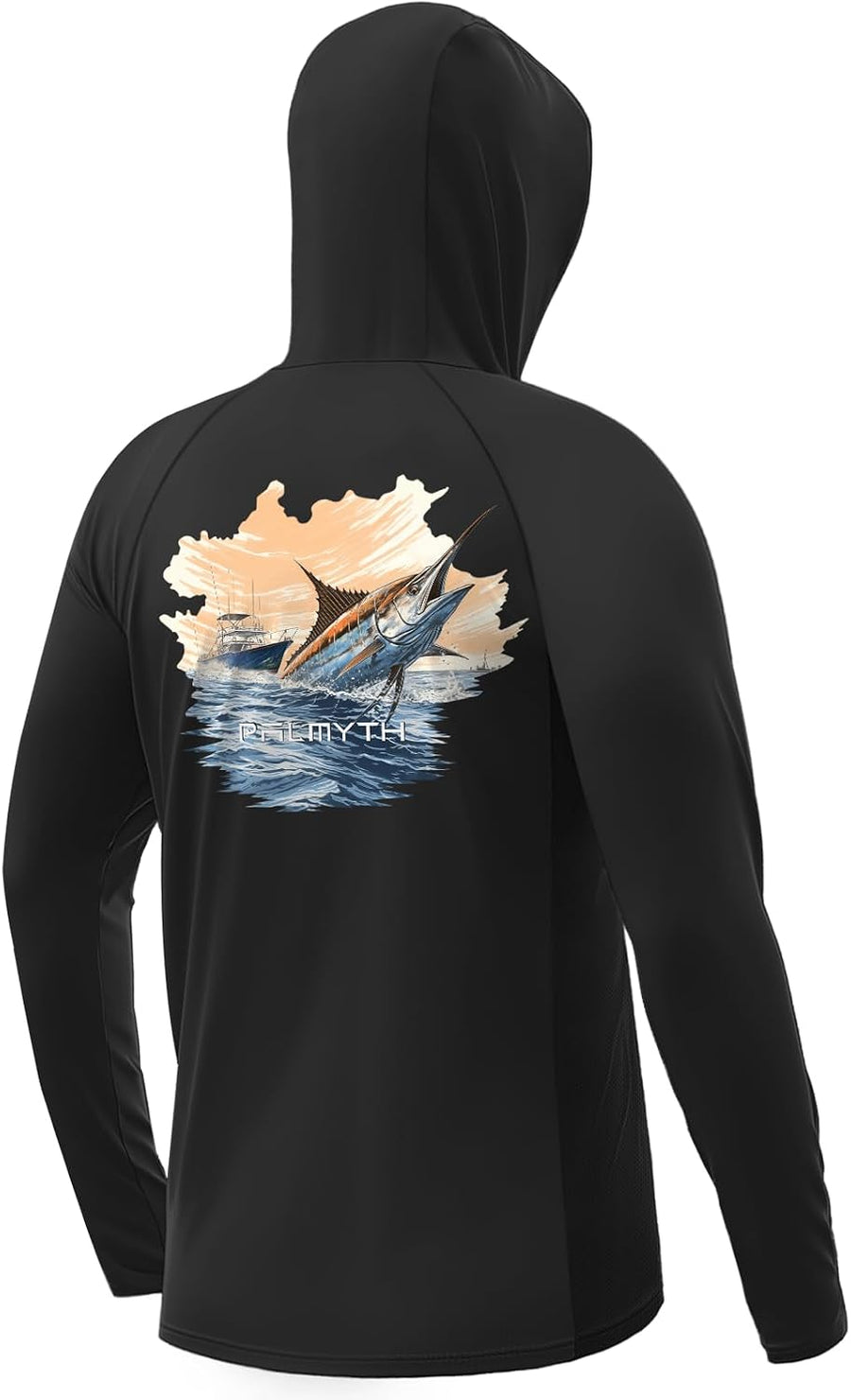 Palmyth Men's Fishing Hoodie UPF 50+ Long Sleeve Shirt with Face Mask - Black \/ Sailfish Pursuit