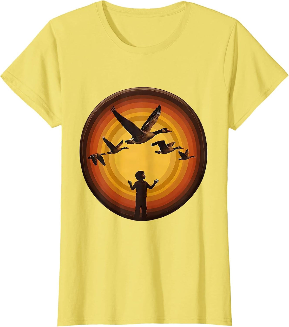 Women's Fall Boys Child Watching Geese Fly V Formation T-Shirt - Lemon Yellow