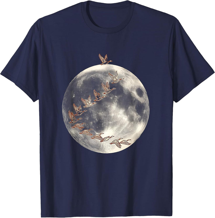 Full Moon Geese V-Formation Fall Nature Design T-Shirt - Navy Blue