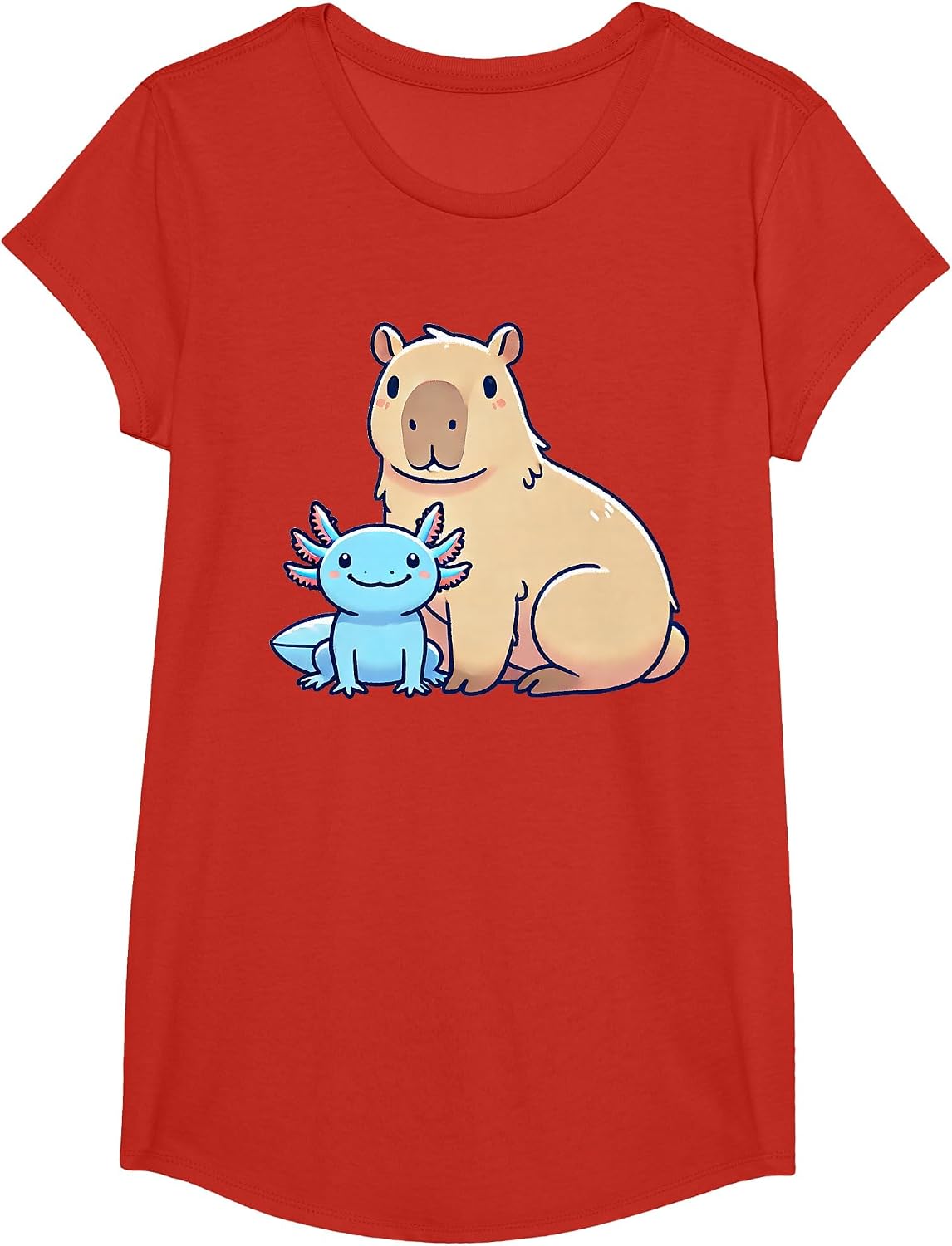 Kawaii Capybara Axolotl T-Shirt - Girls Red