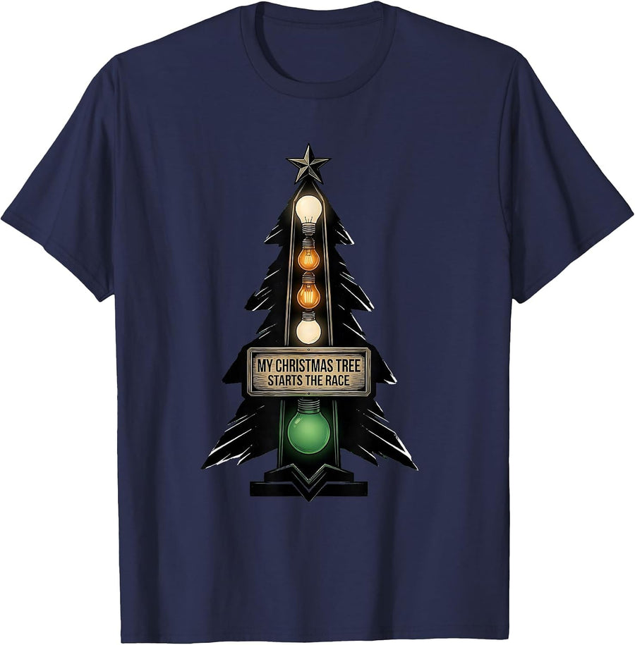 My Christmas Tree Starts The Race Funny Muscle Car Racing T-Shirt - Navy Blue