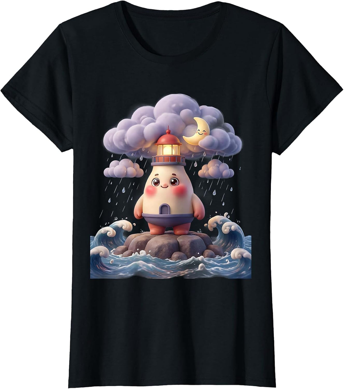 Women's Autism Awareness Lighthouse Stormy Sea Design T-Shirt - Black