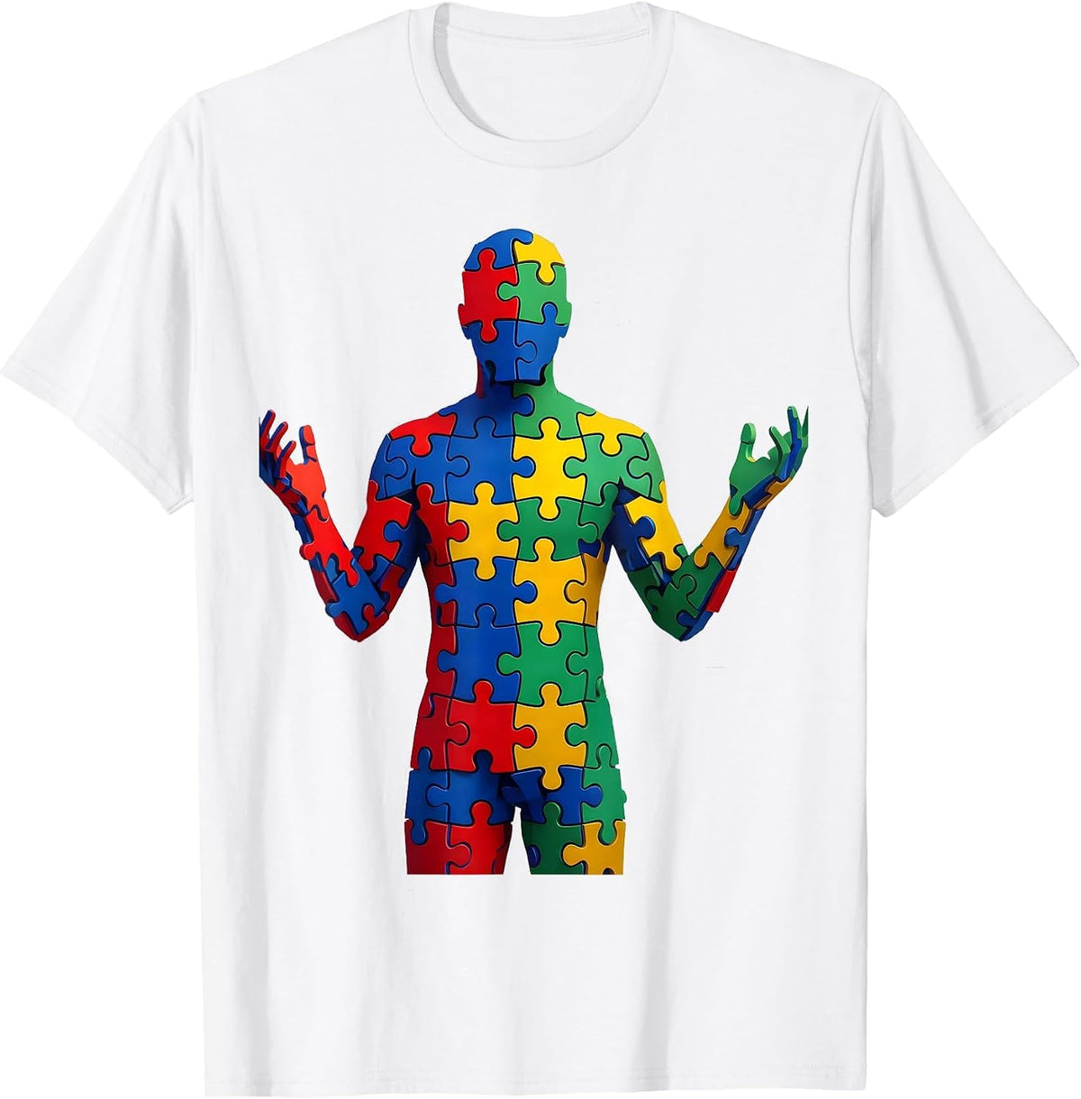 Men's Autism Awareness Colorful Puzzle Piece Silhouette T-Shirt - White
