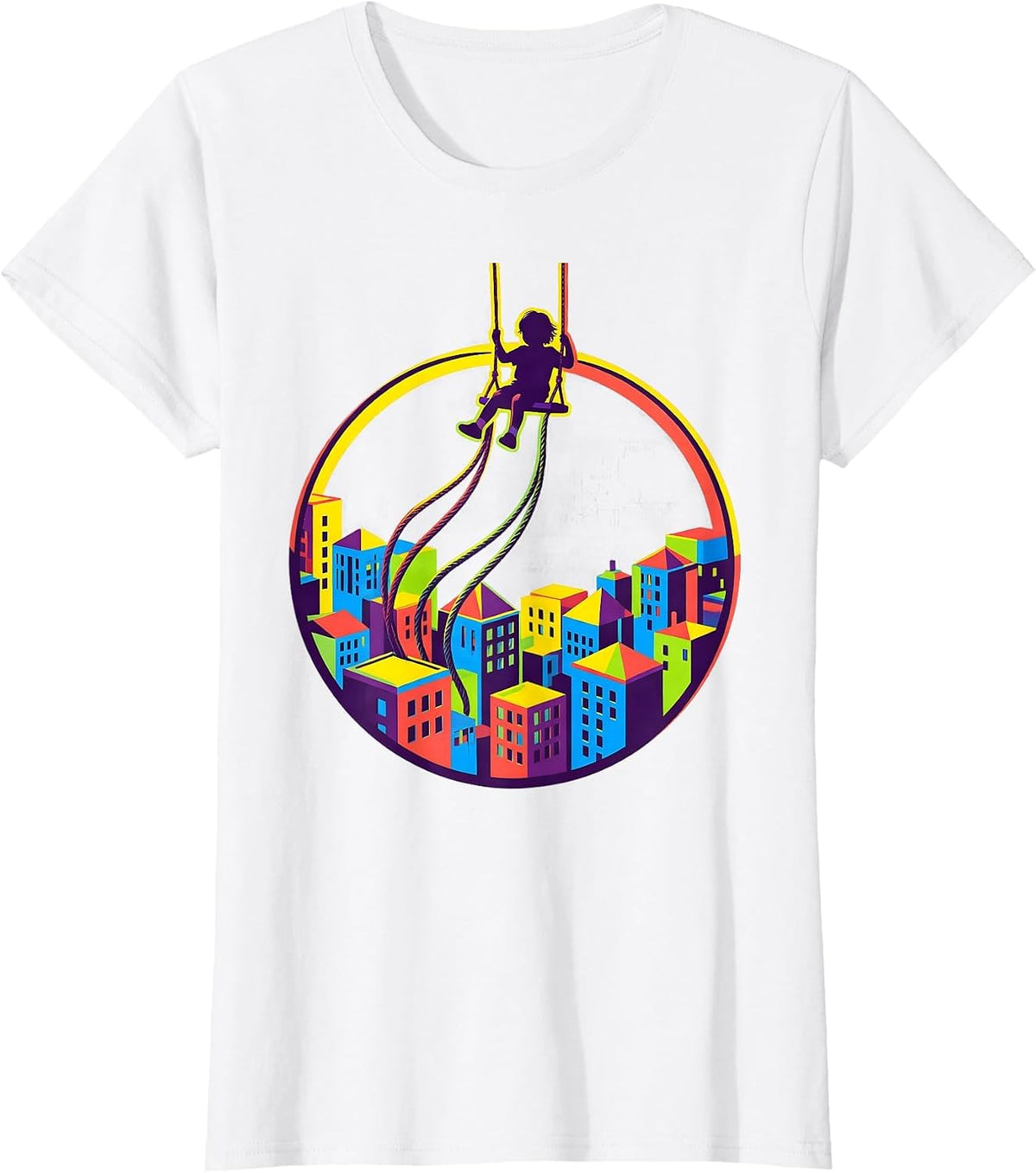Autism Awareness Child Swinging Over Cityscape T-Shirt - White