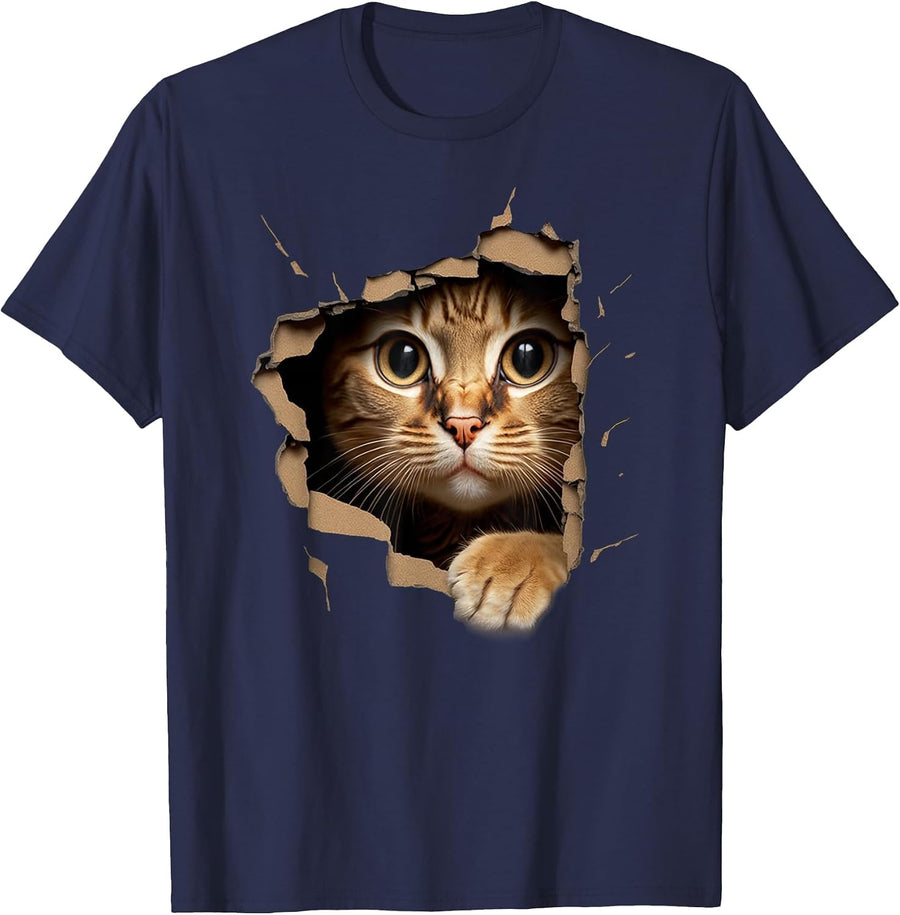 Cute Kitten Looks from Torn Fabric - Cats T-Shirt - Navy Blue