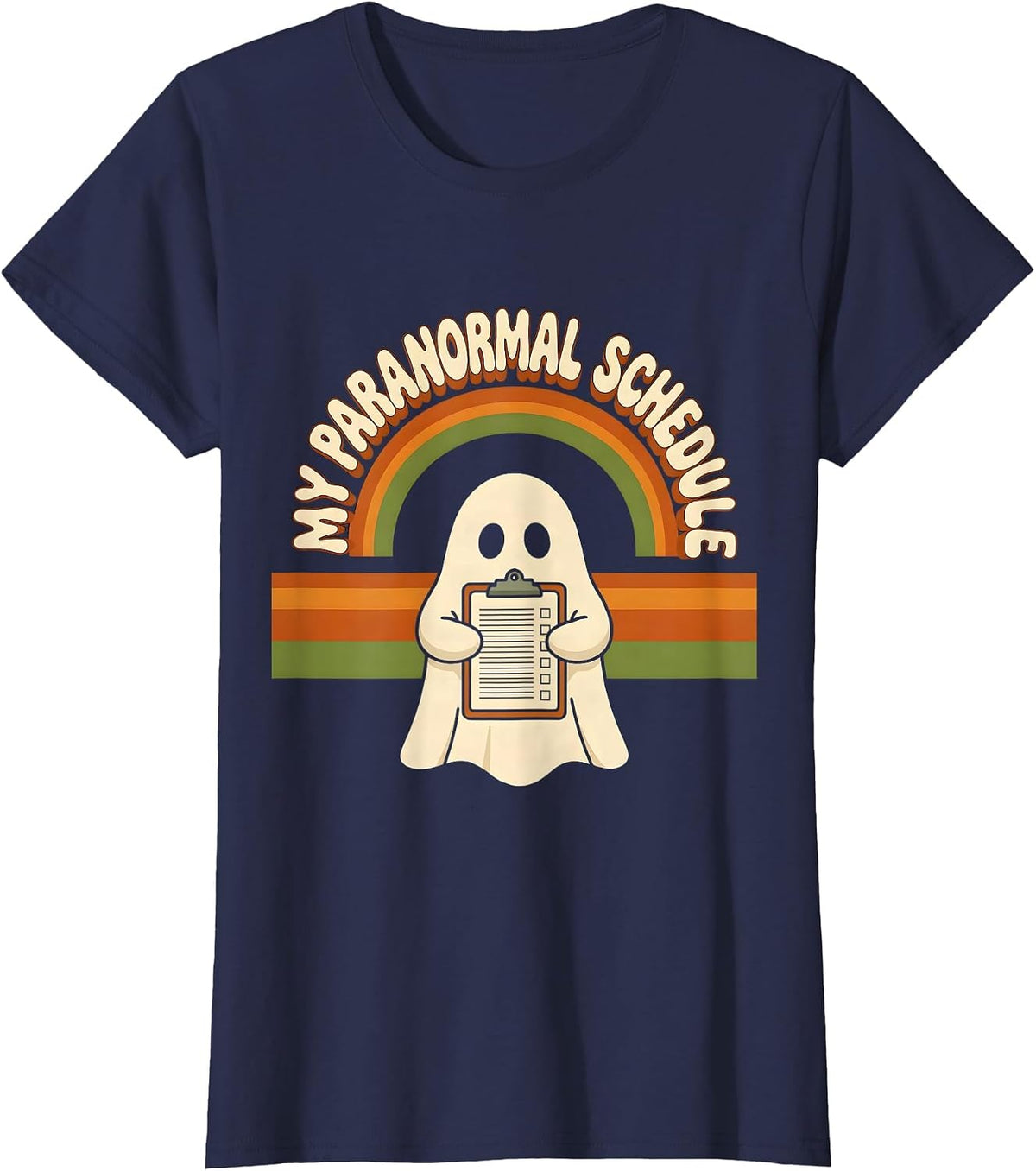 Women's My Para Normal Schedule Retro 70s Ghost Halloween Para T-Shirt - Navy Blue