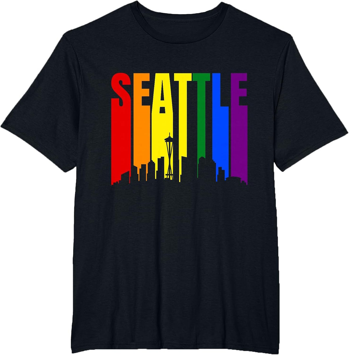 Seattle Washington State Skyline LGBTQ Gay Pride Rainbow T-Shirt - Black
