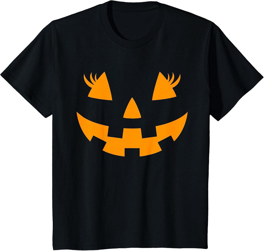 Jack O Lantern Face Pumpkin Halloween Costume Tees T Shirts Women Girls - Black